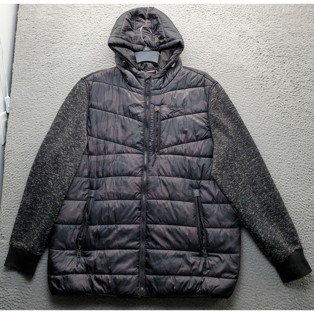 Reebok Quilted Puffer Jacket Mens XL Black Lined Long Sleeve Hooded Full Zip EUC